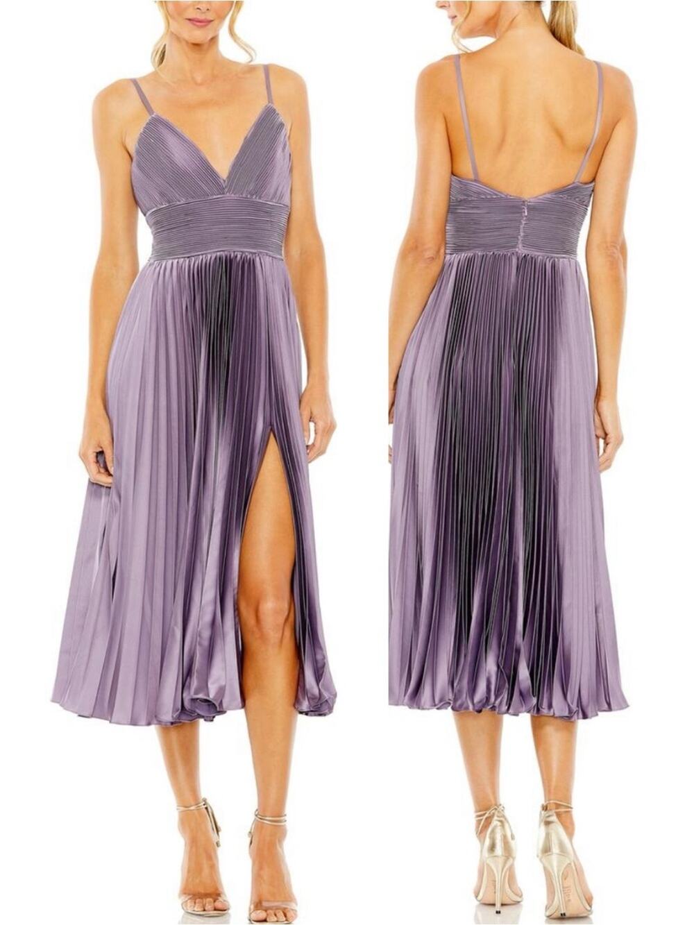 MAC DUGGAL Purple Satin Ruched Top Pleated Midi Dress 49721 Size 10